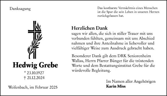 Traueranzeige von Hedwig Grebe von Hinterländer Anzeiger