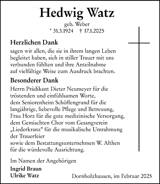 Traueranzeige von Hedwig Watz von Wetzlarer Neue Zeitung
