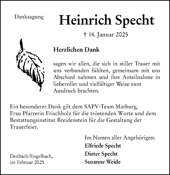 Traueranzeige von Heinrich Specht von Hinterländer Anzeiger