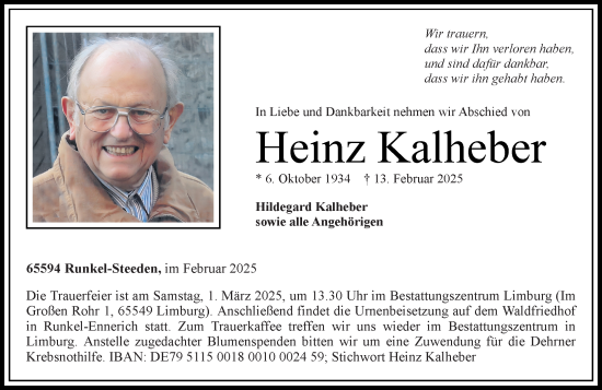 Traueranzeige von Heinz Kalheber von Weilburger Tageblatt