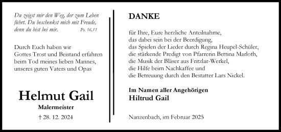 Traueranzeige von Helmut Gail von Dill Block