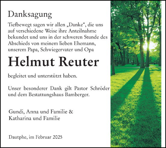 Traueranzeige von Helmut Reuter von Hinterländer Anzeiger