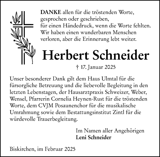 Traueranzeige von Herbert Schneider von Wetzlarer Neue Zeitung
