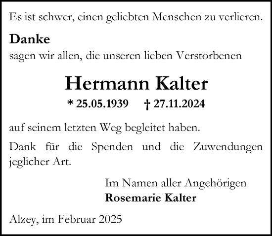 Traueranzeige von Hermann Kalter von Allgemeine Zeitung Alzey