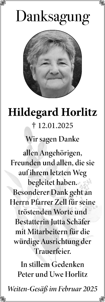 Traueranzeige von Hildegard Horlitz von Odenwälder Echo