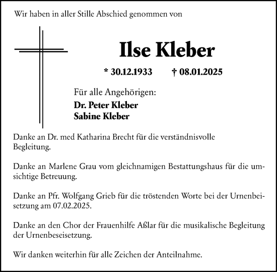Traueranzeige von Ilse Kleber von Wetzlarer Neue Zeitung
