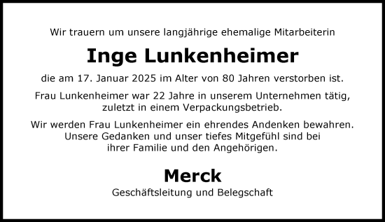Traueranzeige von Inge Lunkenheimer von Darmstädter Echo