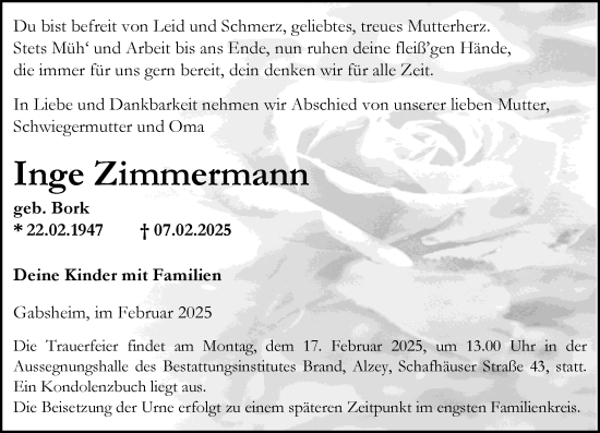 Traueranzeige von Inge Zimmermann von Allgemeine Zeitung Alzey