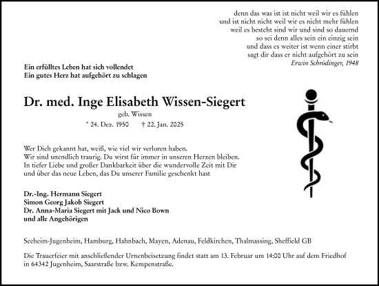 Traueranzeige von Inge Elisabeth Wissen-Siegert von Darmstädter Echo