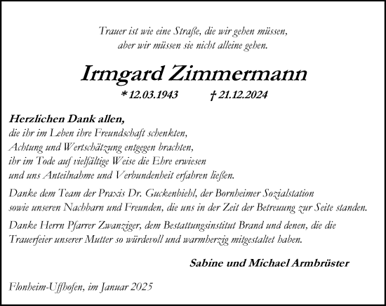 Traueranzeige von Irmgard Zimmermann von Allgemeine Zeitung Alzey