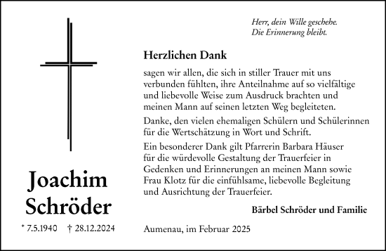Traueranzeige von Joachim Schröder von Weilburger Tageblatt