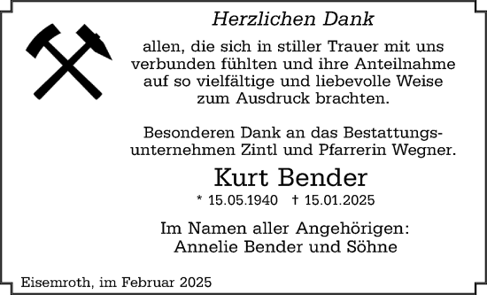 Traueranzeige von Kurt Bender von Dill Block