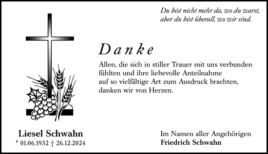 Traueranzeige von Liesel Schwahn von Wormser Zeitung