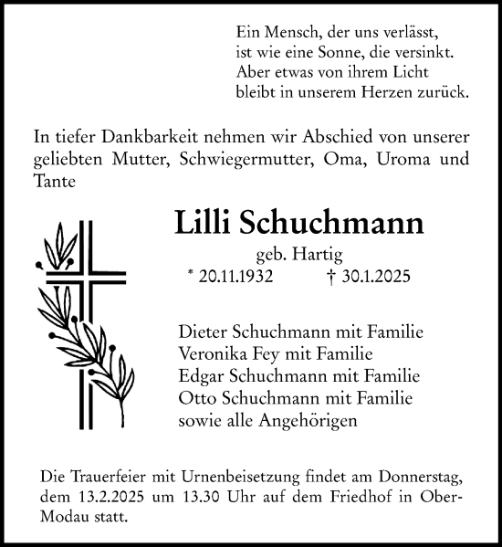 Traueranzeige von Lilli Schuchmann von Darmstädter Echo