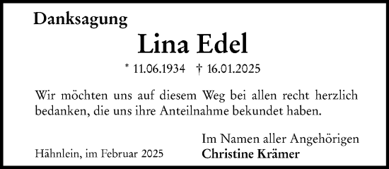 Traueranzeige von Lina Edel von Darmstädter Echo
