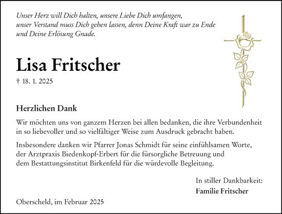 Traueranzeige von Lisa Fritscher von Dill Block