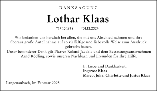 Traueranzeige von Lothar Klaas von Dill Block
