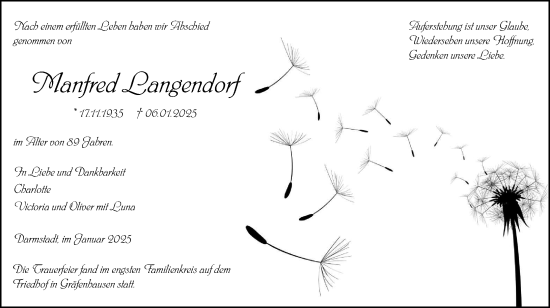 Traueranzeige von Manfred Langendorf von Darmstädter Echo