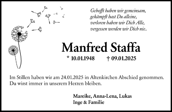 Traueranzeige von Manfred Staffa von Wetzlarer Neue Zeitung