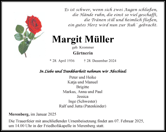 Traueranzeige von Margit Müller von Weilburger Tageblatt