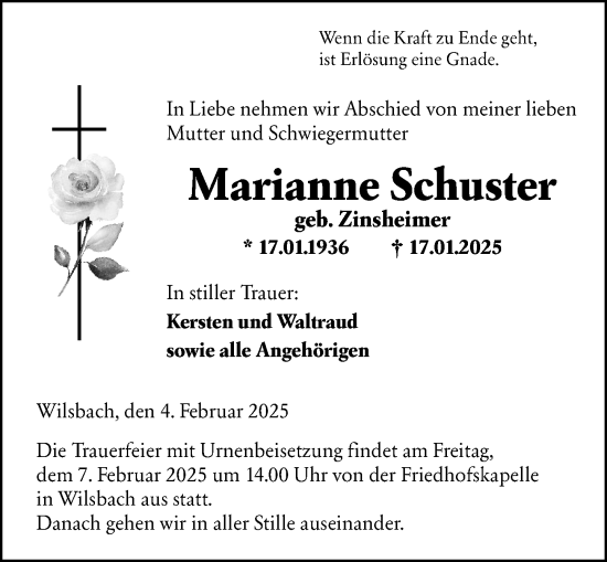 Traueranzeige von Marianne Schuster von Wetzlarer Neue Zeitung