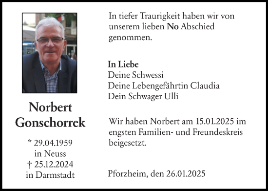 Traueranzeige von Norbert Gonschorrek von Darmstädter Echo