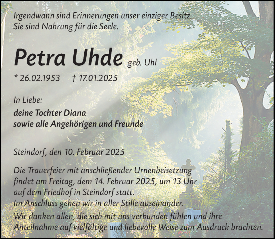 Traueranzeige von Petra Uhde von Wetzlarer Neue Zeitung