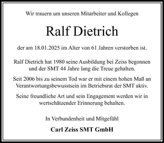 Traueranzeige von Ralf Dietrich von Wetzlarer Neue Zeitung
