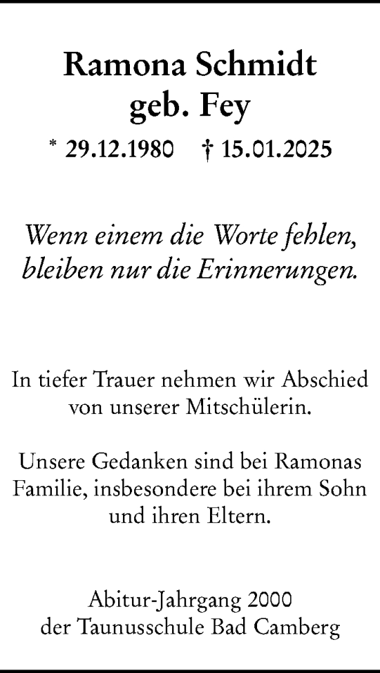 Traueranzeige von Ramona Schmidt von Camberger Anzeiger