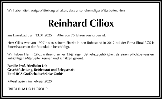Traueranzeige von Reinhard Ciliox von Dill Block