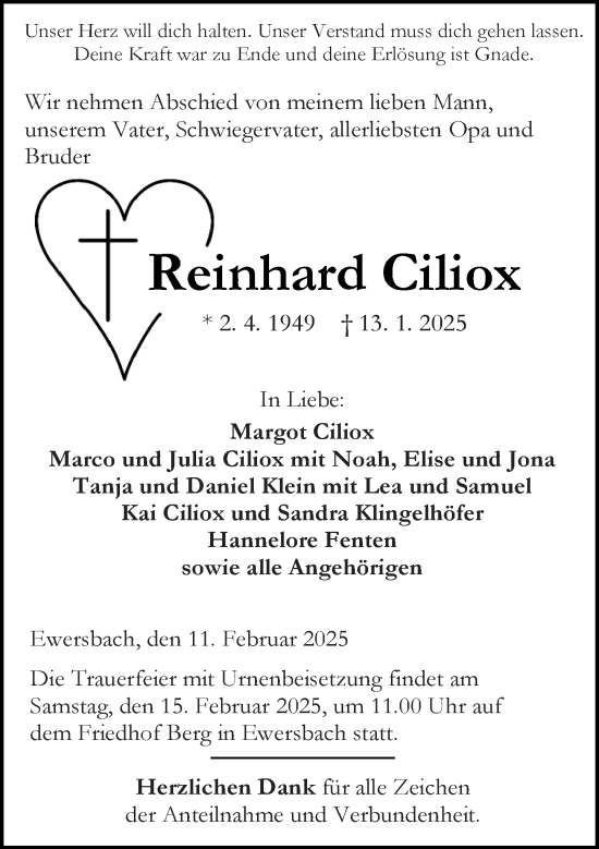 Traueranzeige von Reinhard Ciliox von Dill Block