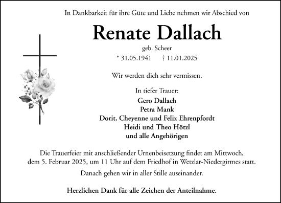 Traueranzeige von Renate Dallach von Wetzlarer Neue Zeitung