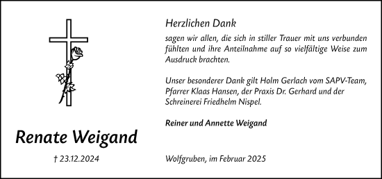 Traueranzeige von Renate Weigand von Hinterländer Anzeiger