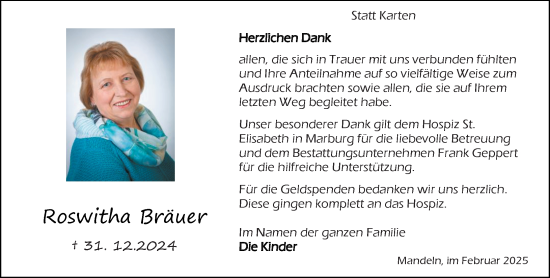 Traueranzeige von Roswitha Bräuer von Dill Block