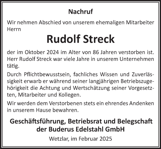 Traueranzeige von Rudolf Streck von Wetzlarer Neue Zeitung