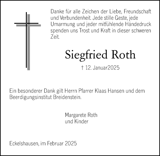Traueranzeige von Siegfried Roth von Hinterländer Anzeiger