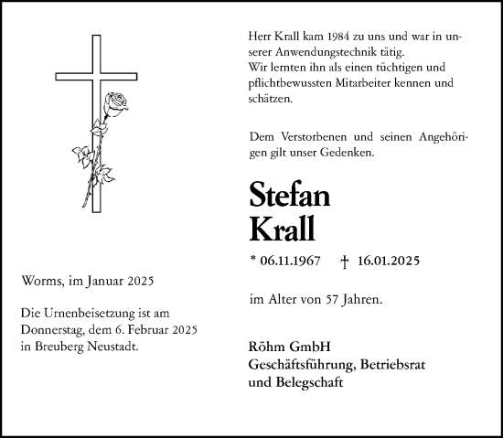Traueranzeige von Stefan Krall von Odenwälder Echo