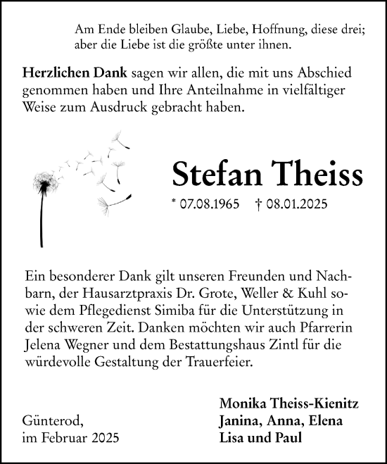 Traueranzeige von Stefan Theiss von Hinterländer Anzeiger