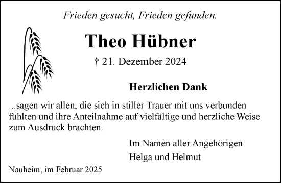 Traueranzeige von Theo Hübner von Rüsselsheimer Echo