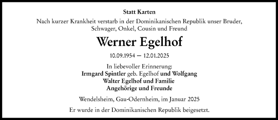 Traueranzeige von Werner Egelhof von Allgemeine Zeitung Alzey