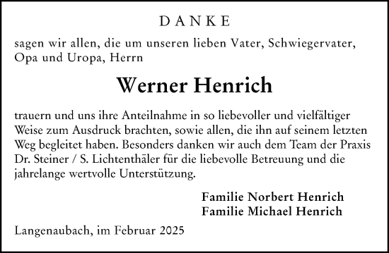 Traueranzeige von Werner Henrich von Dill Block