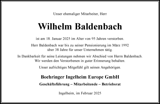 Traueranzeige von Wilhelm Baldenbach von Allgemeine Zeitung Rheinhessen-Nahe