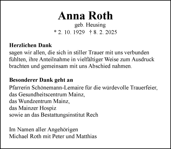 Traueranzeige von Anna Roth von Allgemeine Zeitung Mainz
