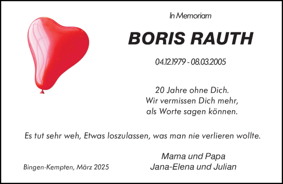 Traueranzeige von Boris Rauth von Allgemeine Zeitung Rheinhessen-Nahe