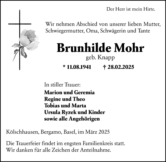 Traueranzeige von Brunhilde Mohr von Wetzlarer Neue Zeitung