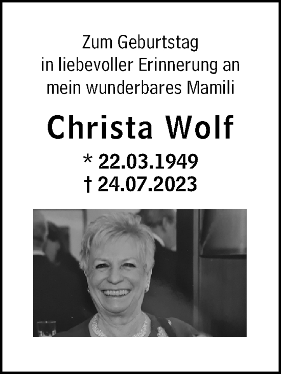 Traueranzeige von Christa Wolf von Wiesbadener Kurier