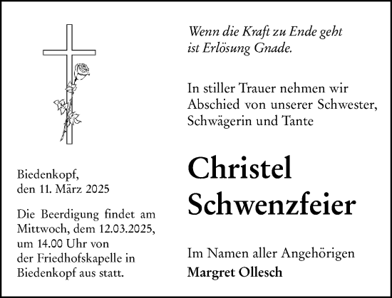 Traueranzeige von Christel Schwenzfeier von Hinterländer Anzeiger