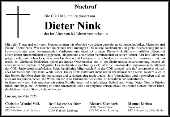 Traueranzeige von Dieter Nink von Nassauische Neue Presse