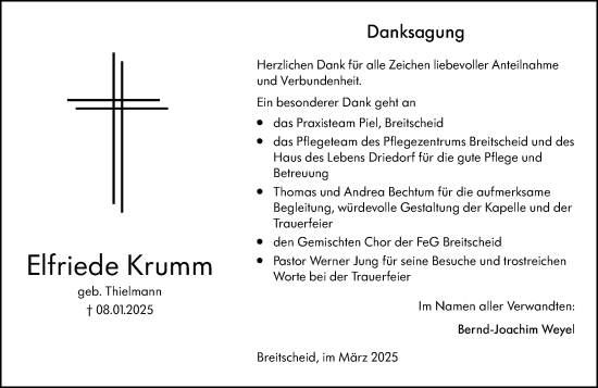 Traueranzeige von Elfriede Krumm von Dill Block