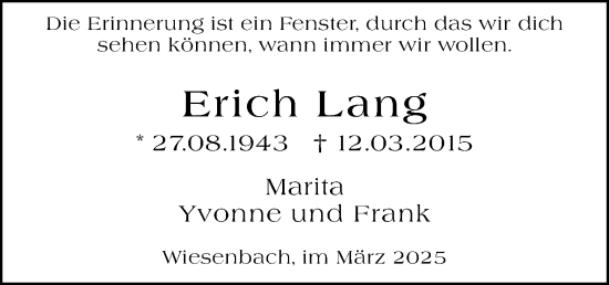 Traueranzeige von Erich Lang von Hinterländer Anzeiger